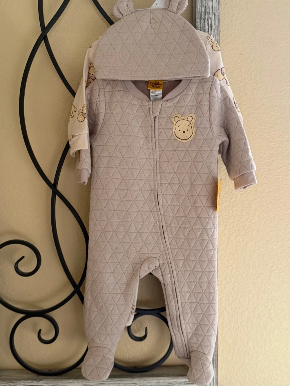 Winnie the Pooh Beige Quilted Baby two-Piece with Bear Hood.